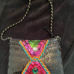 Colorful Sequin Embellished Black Woven Bag